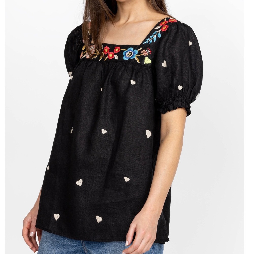 Johnny‎ Was Maris Sqaure Neck Park Blouse Linen Embroidered Floral Heart Top XS